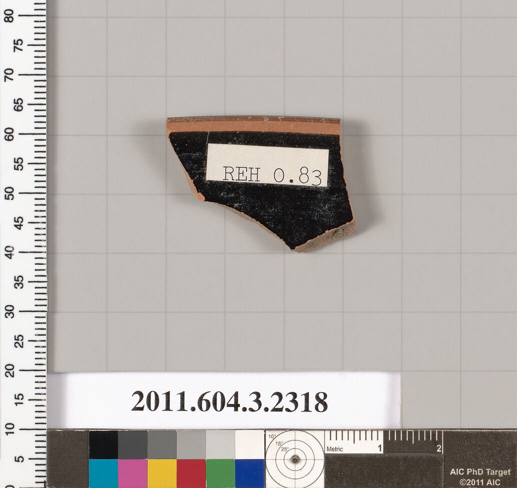 Terracotta rim fragment of a kylix: eye-cup (drinking cup), Terracotta, Greek, Attic