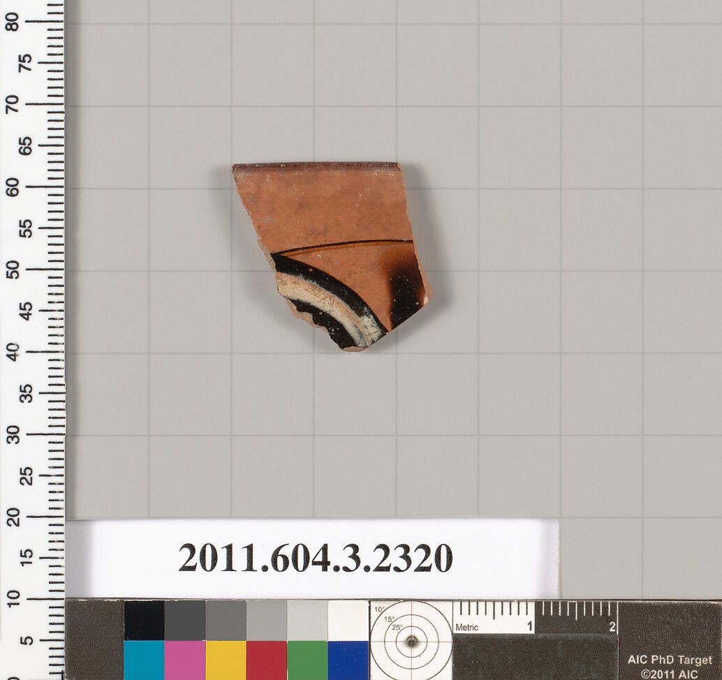 Terracotta rim fragment of a kylix: eye-cup (drinking cup), Terracotta, Greek, Attic 