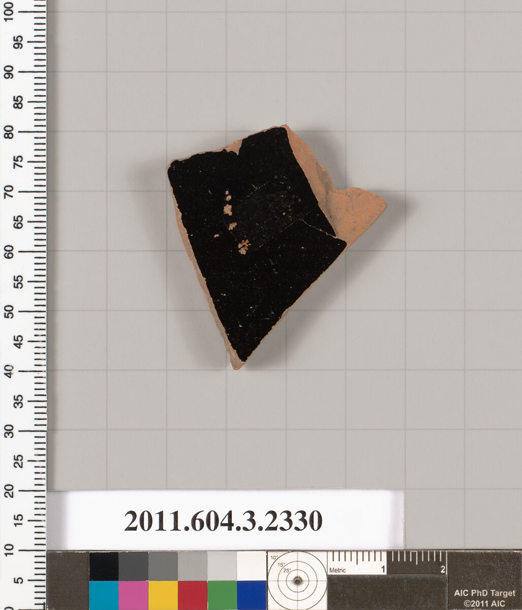 Terracotta fragment of a kylix: eye-cup (drinking cup), Terracotta, Greek, Attic