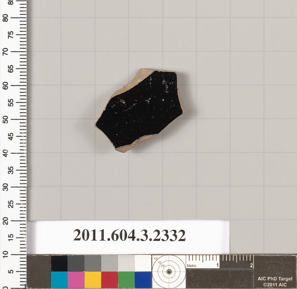 Terracotta fragment of a kylix: eye-cup (drinking cup), Terracotta, Greek, Attic