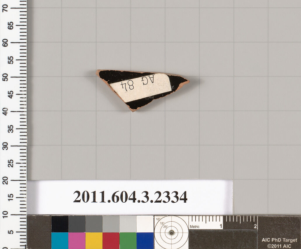 Terracotta fragment of a kylix: eye-cup (drinking cup), Terracotta, Greek, Attic