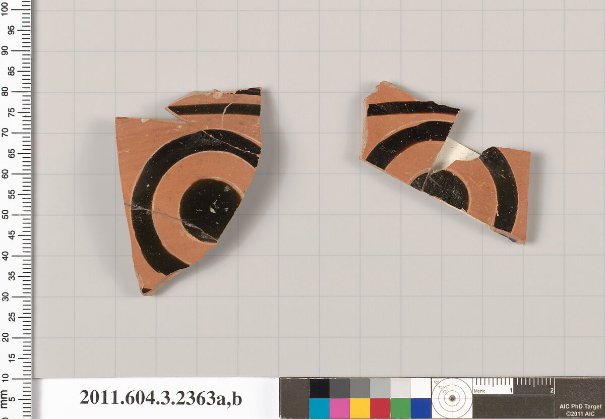 Terracotta fragments of a kylix: eye-cup (drinking cup), Terracotta, Greek, Attic 