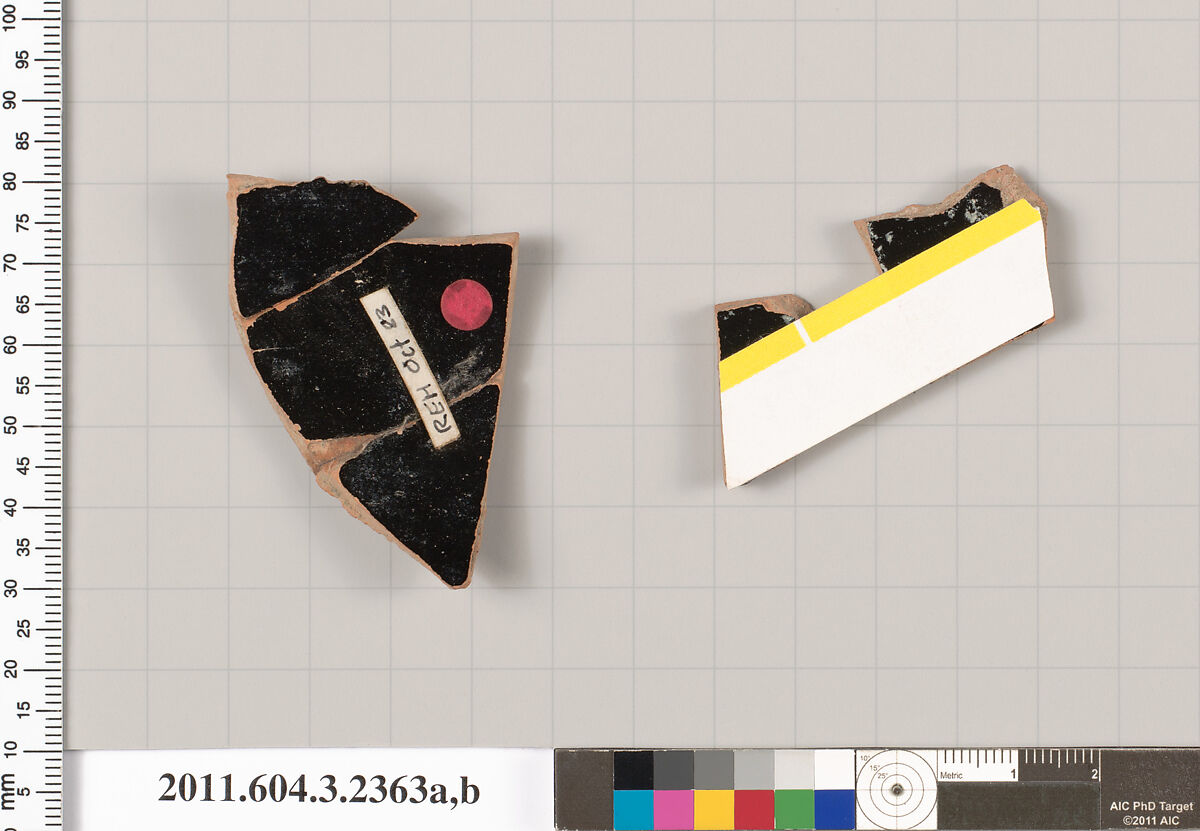 Terracotta fragments of a kylix: eye-cup (drinking cup), Terracotta, Greek, Attic