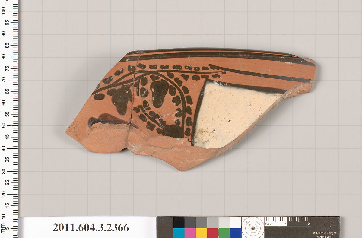 Terracotta rim fragment of a kylix: eye-cup (drinking cup), Terracotta, Greek, Attic 