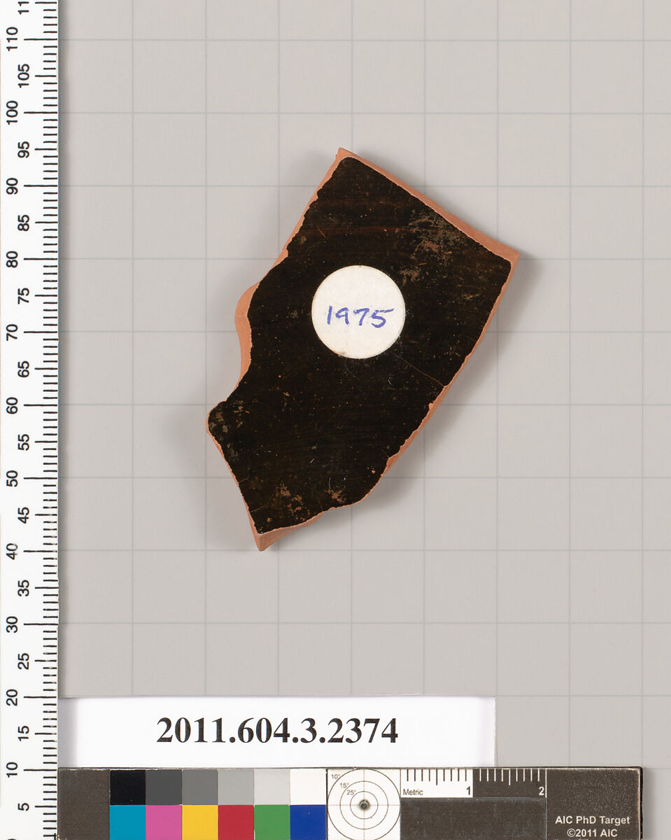 Terracotta fragment of a kylix: eye-cup (drinking cup), Terracotta, Greek, Attic