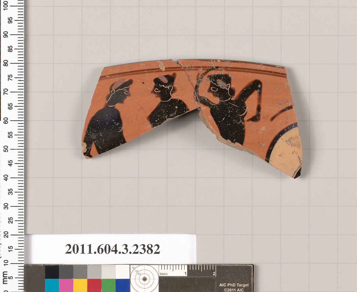 Terracotta rim fragment of a kylix: eye-cup (drinking cup), Terracotta, Greek, Attic 