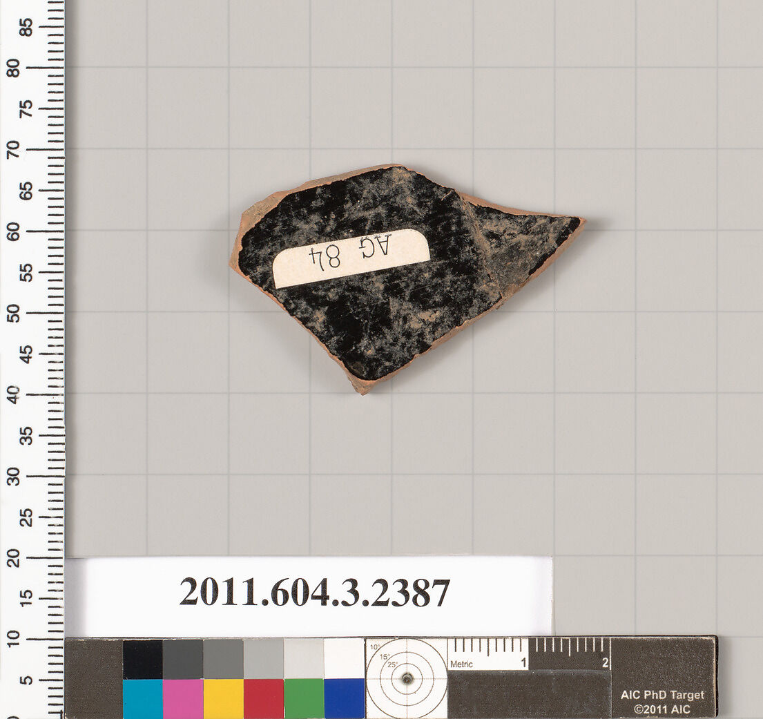 Terracotta fragment of a kylix: eye-cup (drinking cup), Terracotta, Greek, Attic