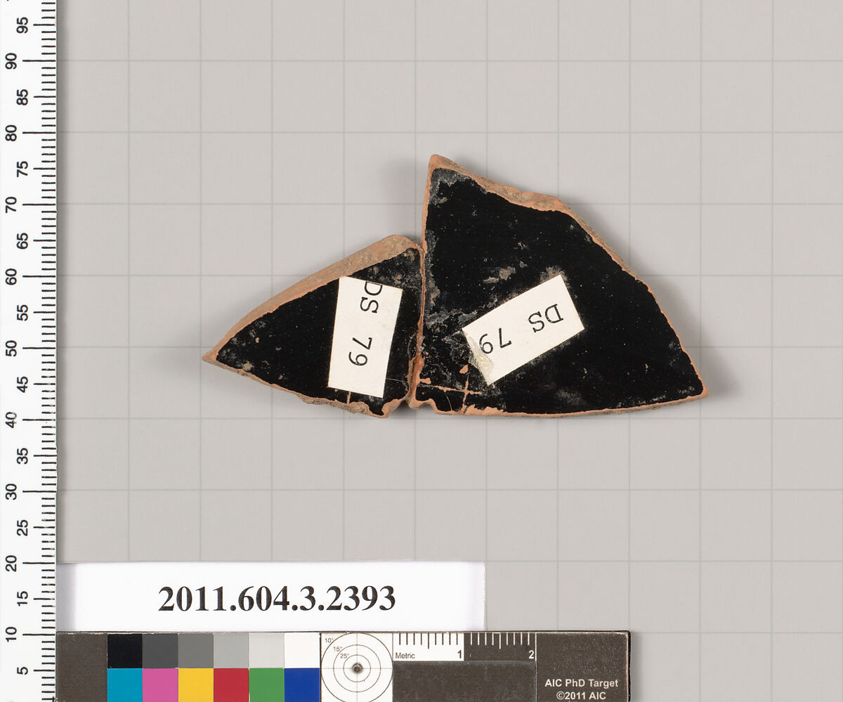 Terracotta fragment of a kylix: eye-cup (drinking cup), Terracotta, Greek, Attic