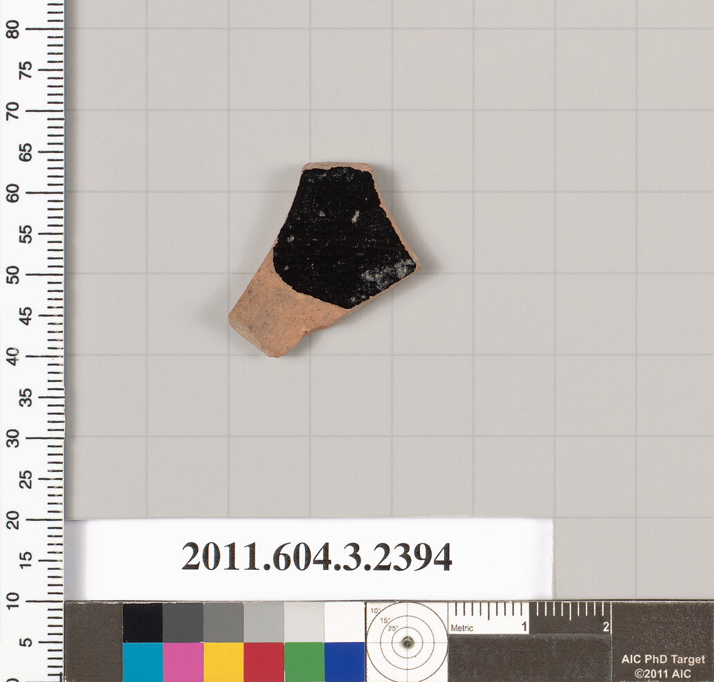 Terracotta fragment of a kylix: eye-cup (drinking cup), Terracotta, Greek, Attic