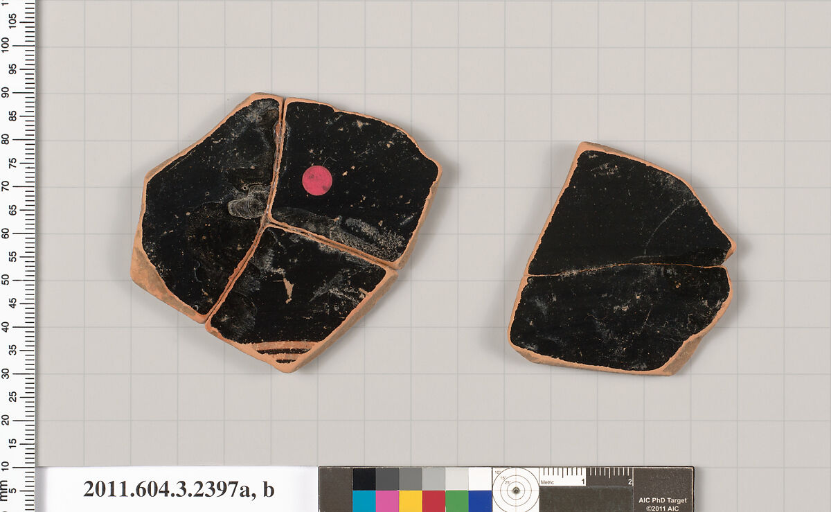 Terracotta fragments of a kylix: eye-cup (drinking cup), Terracotta, Greek, Attic