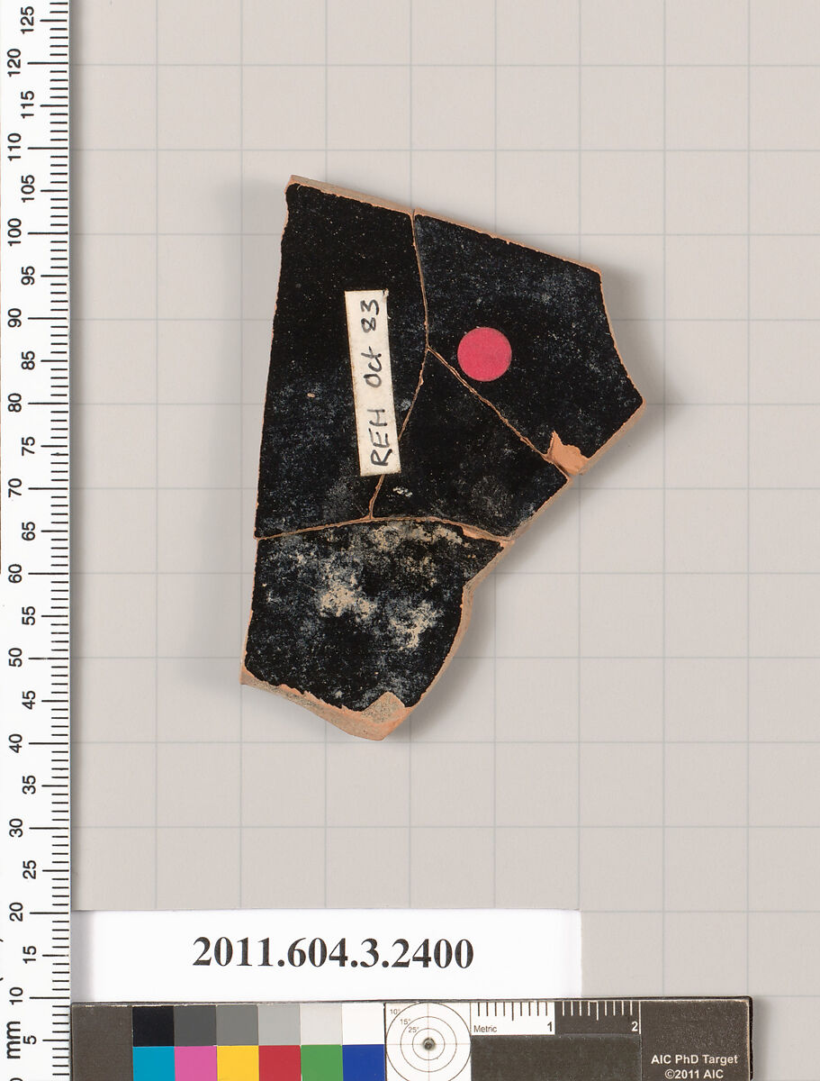 Terracotta fragment of a kylix: eye-cup (drinking cup), Terracotta, Greek, Attic