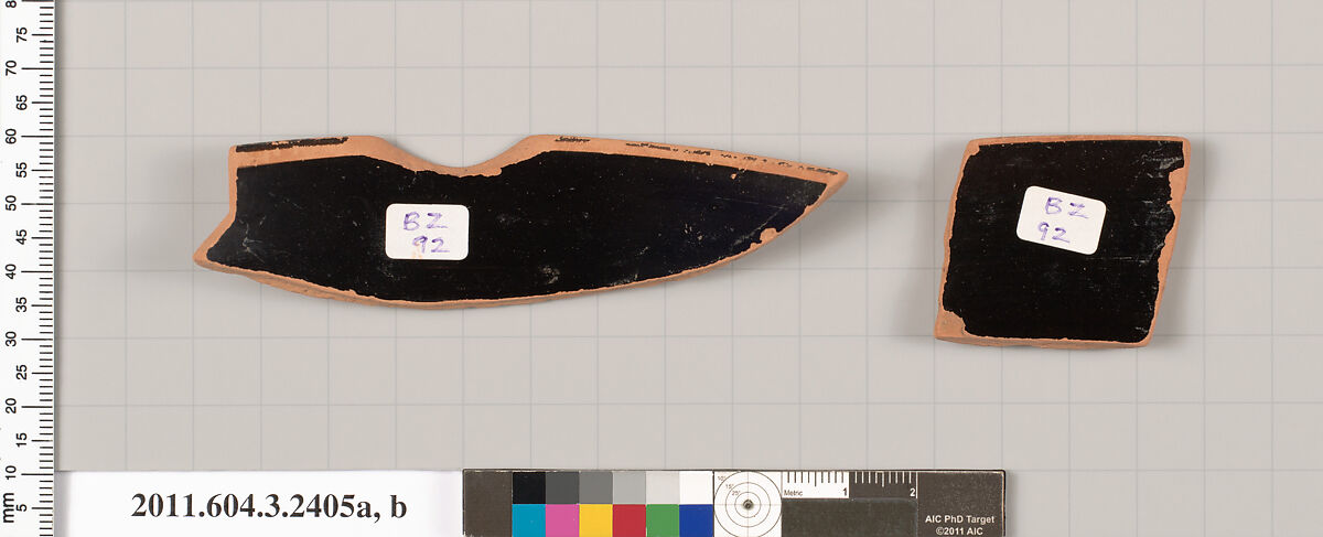 Terracotta rim fragments of a kylix: eye-cup (drinking cup), Terracotta, Greek, Attic