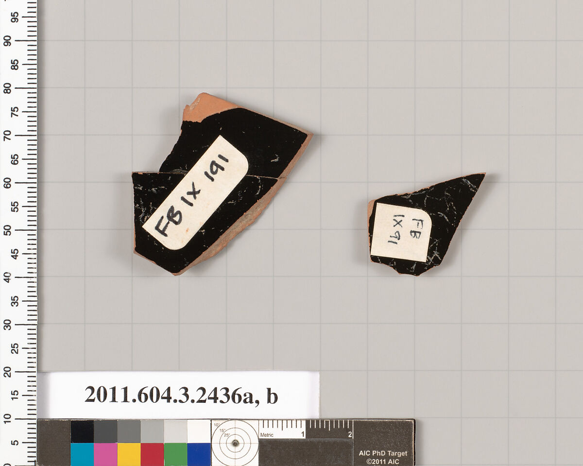 Terracotta fragments of a kylix (drinking cup), Terracotta, Greek, Attic