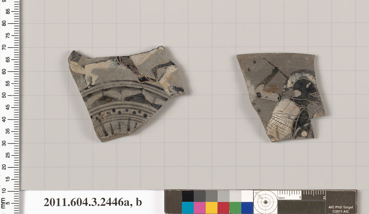 Terracotta fragments of a kylix (drinking cup), Terracotta, Greek, Attic