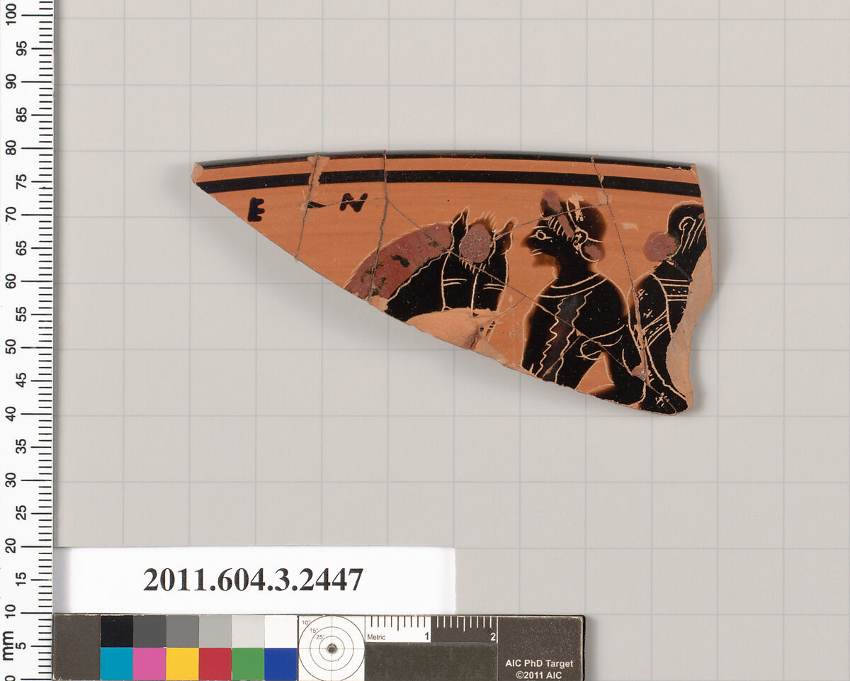 Terracotta rim fragment of a kylix (drinking cup), Terracotta, Greek, Attic 