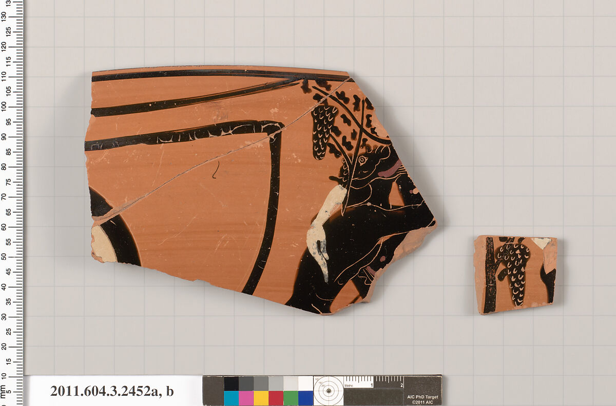 Terracotta fragments of a kylix: eye-cup (drinking cup), Terracotta, Greek, Attic 