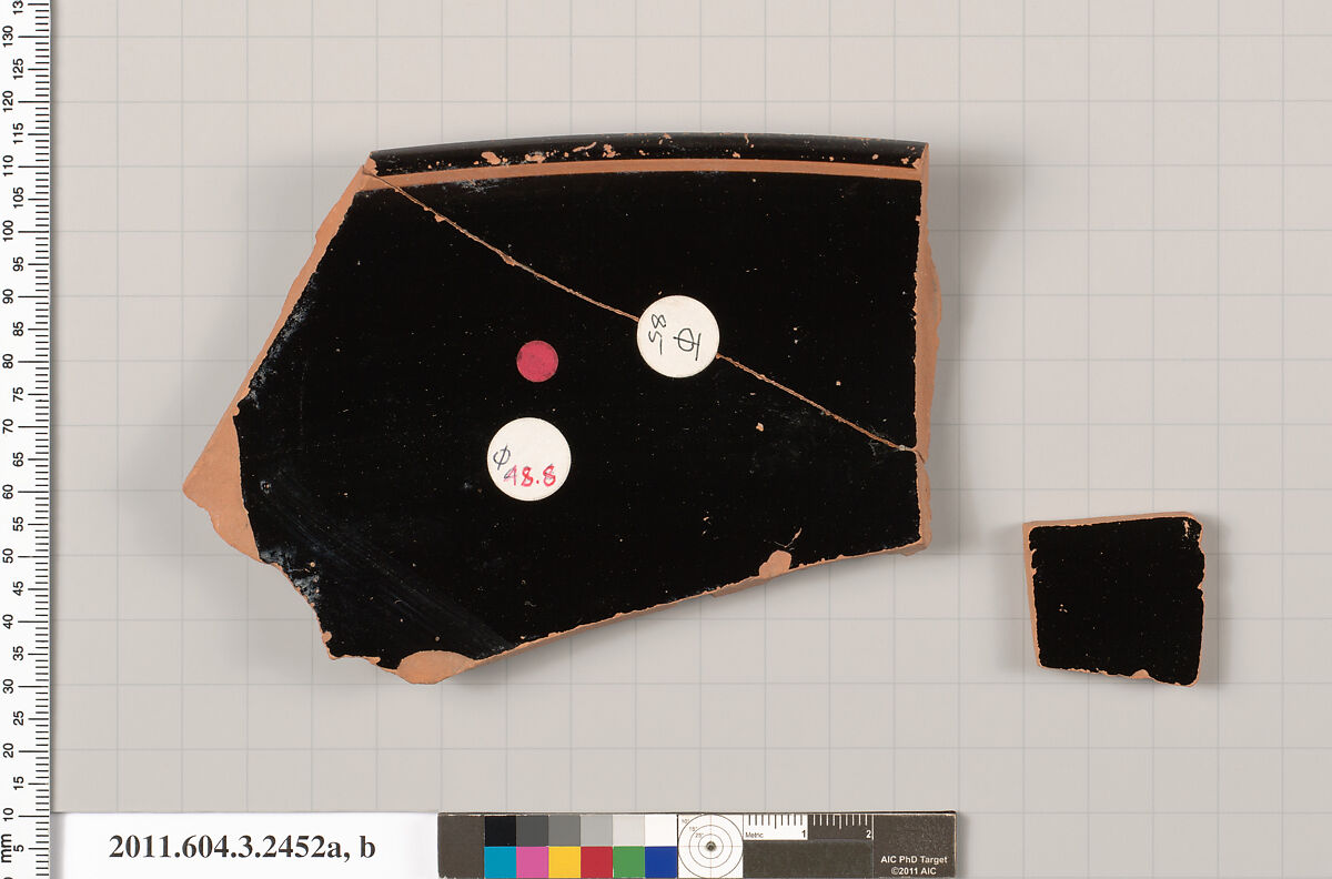 Terracotta fragments of a kylix: eye-cup (drinking cup), Terracotta, Greek, Attic