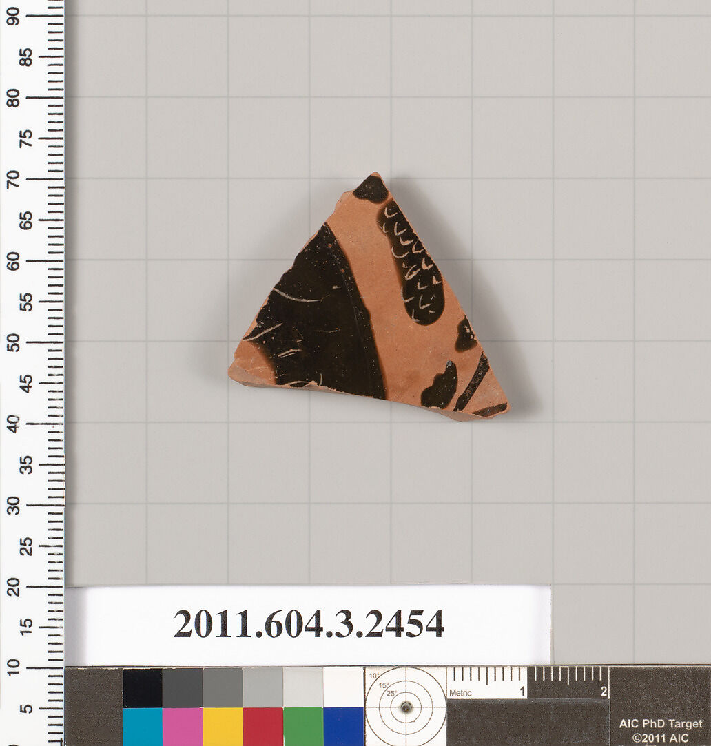 Terracotta fragment of a kylix: eye-cup (drinking cup), Terracotta, Greek, Attic 