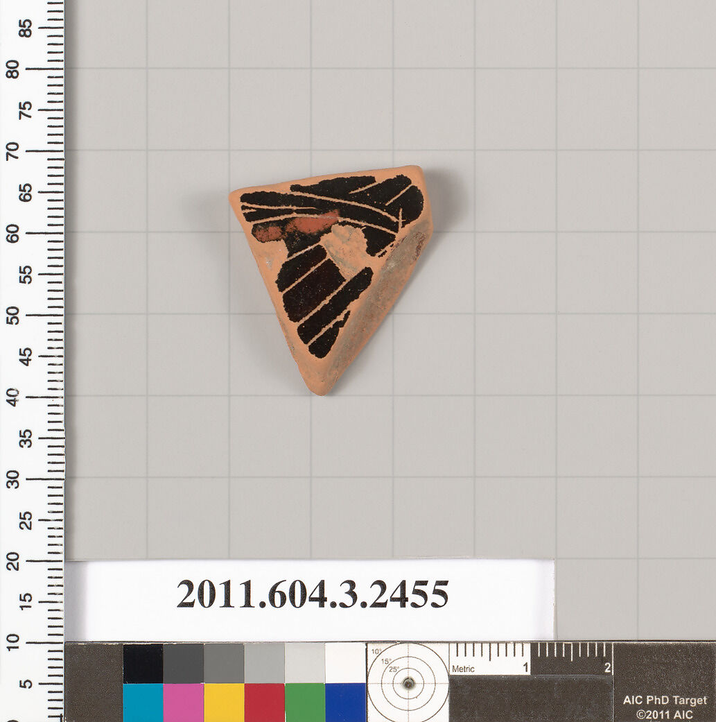Terracotta fragment of a kylix: eye-cup (drinking cup), Terracotta, Greek, Attic