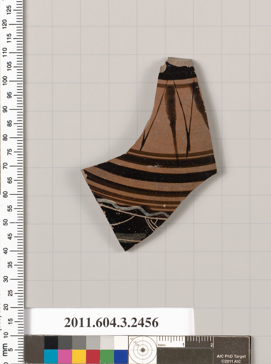 Terracotta fragment of a kylix (drinking cup), Terracotta, Greek, Attic