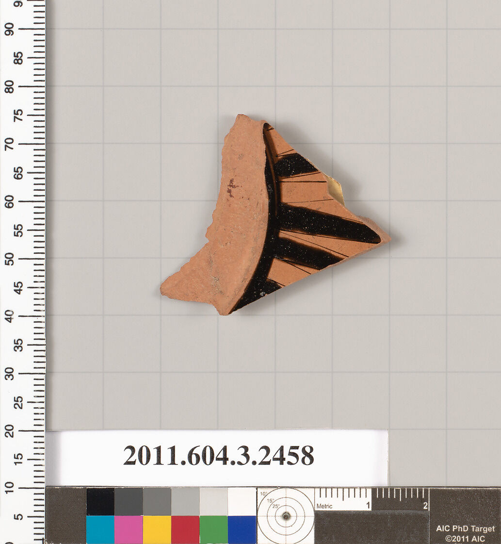 Terracotta fragment of a kylix (drinking cup), Terracotta, Greek, Attic