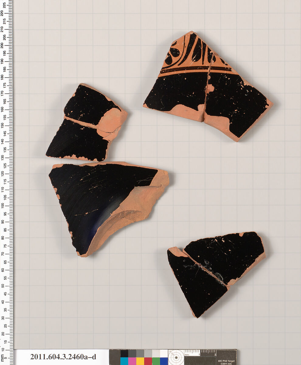 Terracotta fragments of a kylix (drinking cup), Terracotta, Greek, Attic