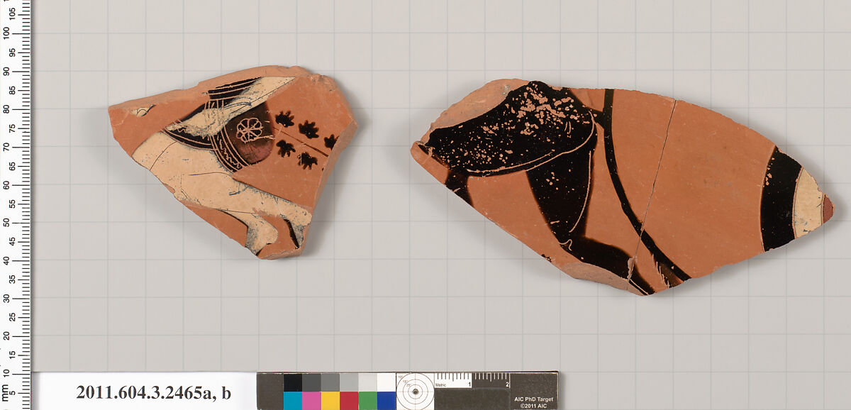 Terracotta fragments of a kylix: eye-cup (drinking cup), Terracotta, Greek, Attic