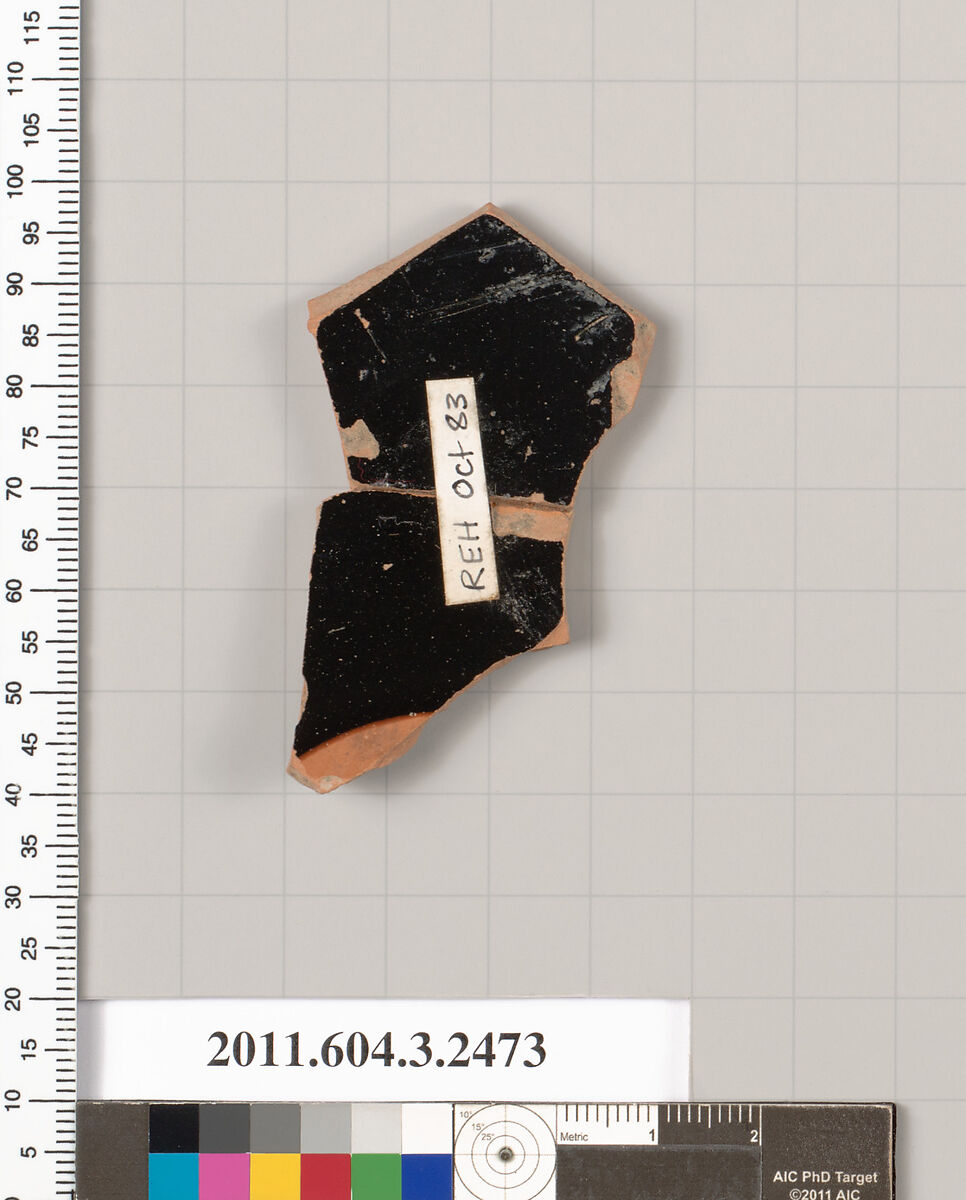 Terracotta fragment of a kylix: eye-cup (drinking cup)?, Terracotta, Greek, Attic