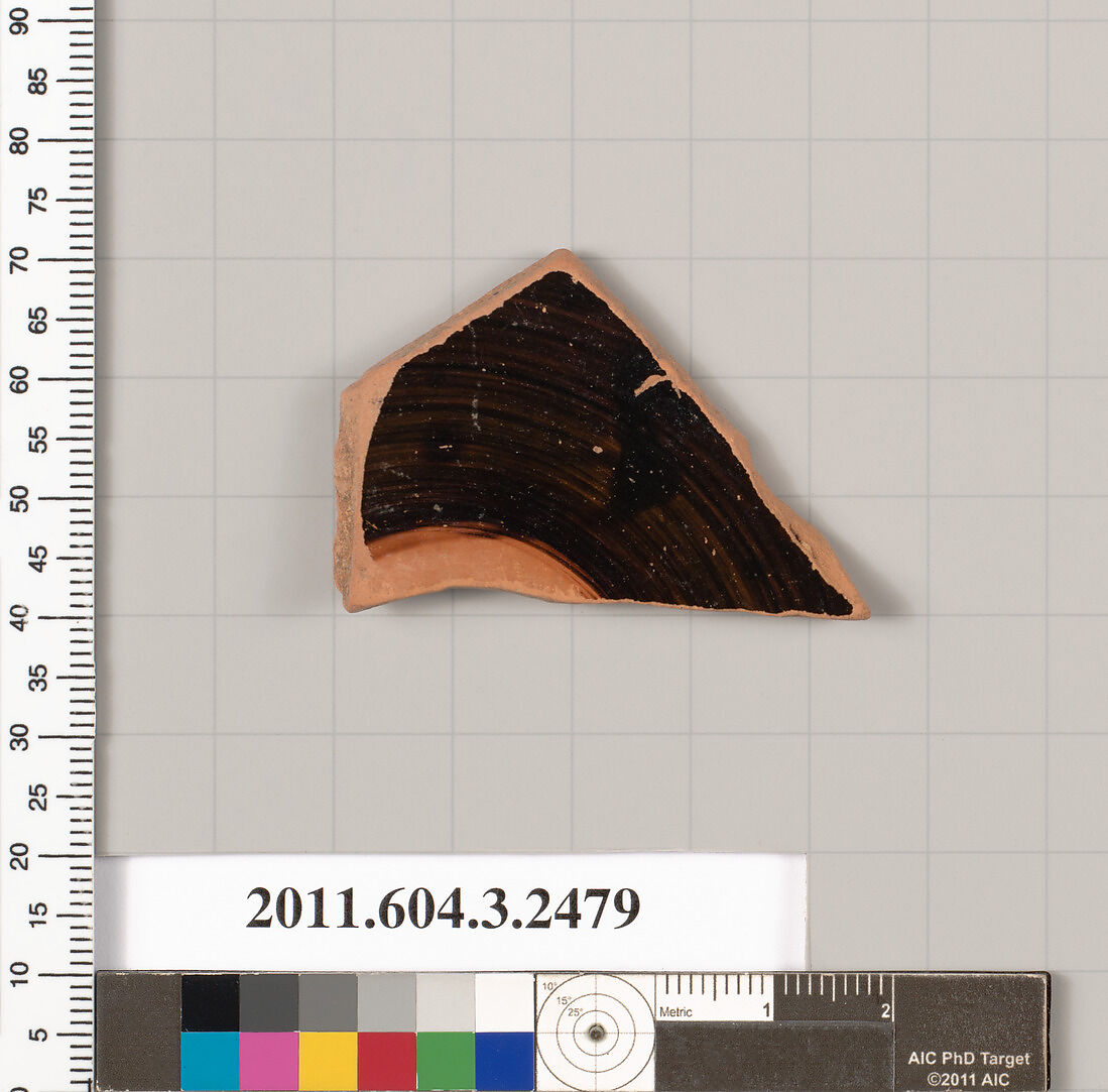 Terracotta fragment of a kylix (drinking cup), Terracotta, Greek, Attic