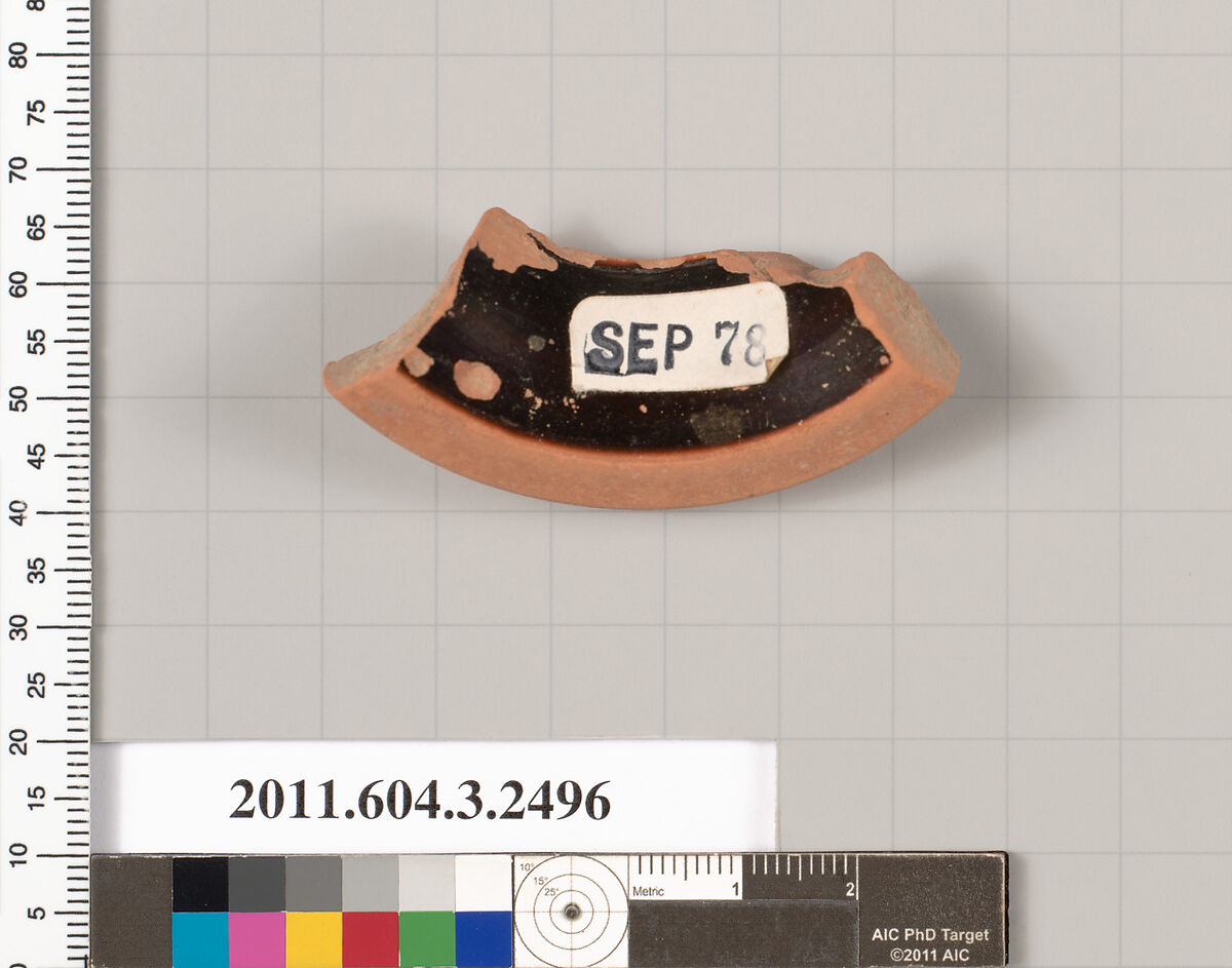 Terracotta fragment of a kylix (drinking cup), Terracotta, Greek, Attic