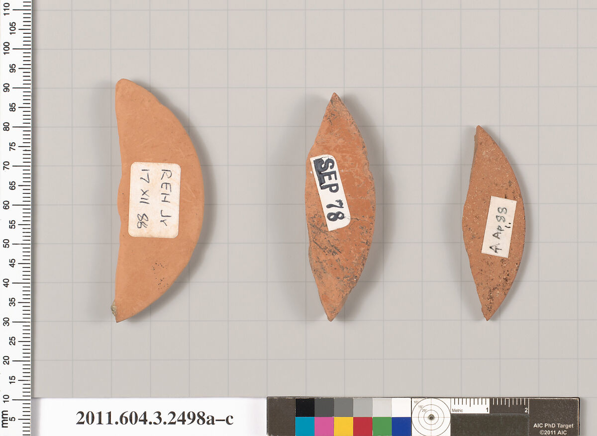 Terracotta fragment of a kylix (drinking cup), Terracotta, Greek, Attic