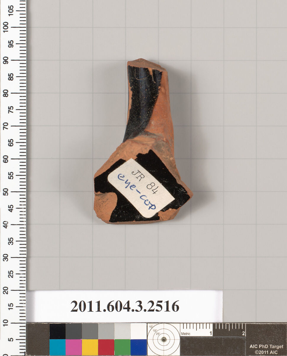 Terracotta fragment of a kylix: eye-cup (drinking cup)?, Terracotta, Greek, Attic