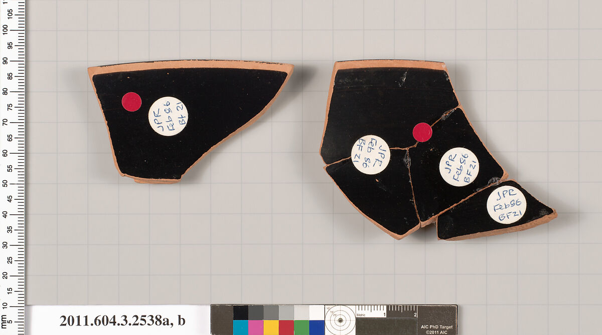 Terracotta rim fragments of a kylix (drinking cup), Terracotta, Greek, Attic