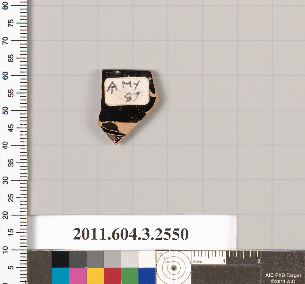 Terracotta rim fragment of a kylix (drinking cup), Terracotta, Greek, Attic 