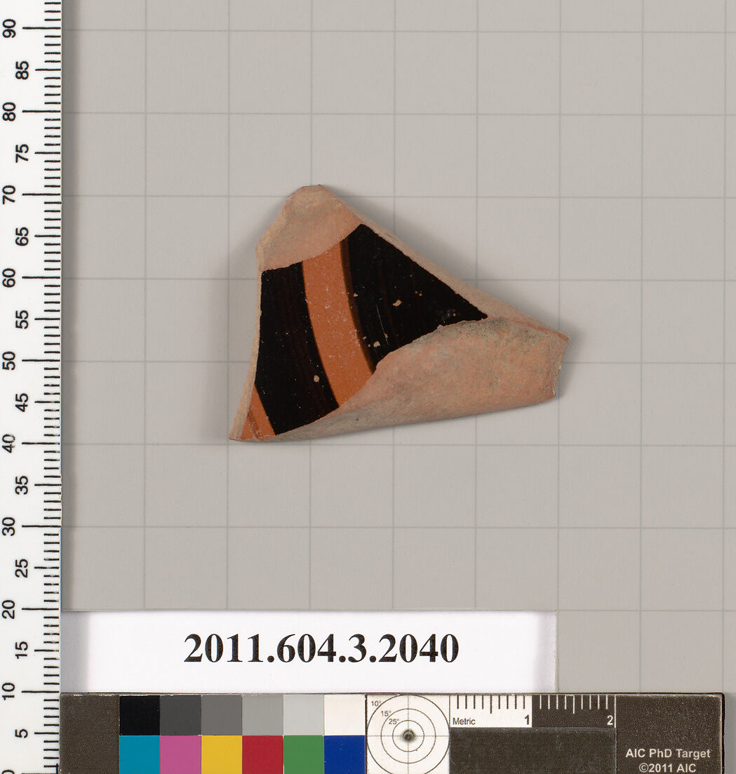 Terracotta fragment of a kylix (drinking cup), Terracotta, Greek, Attic