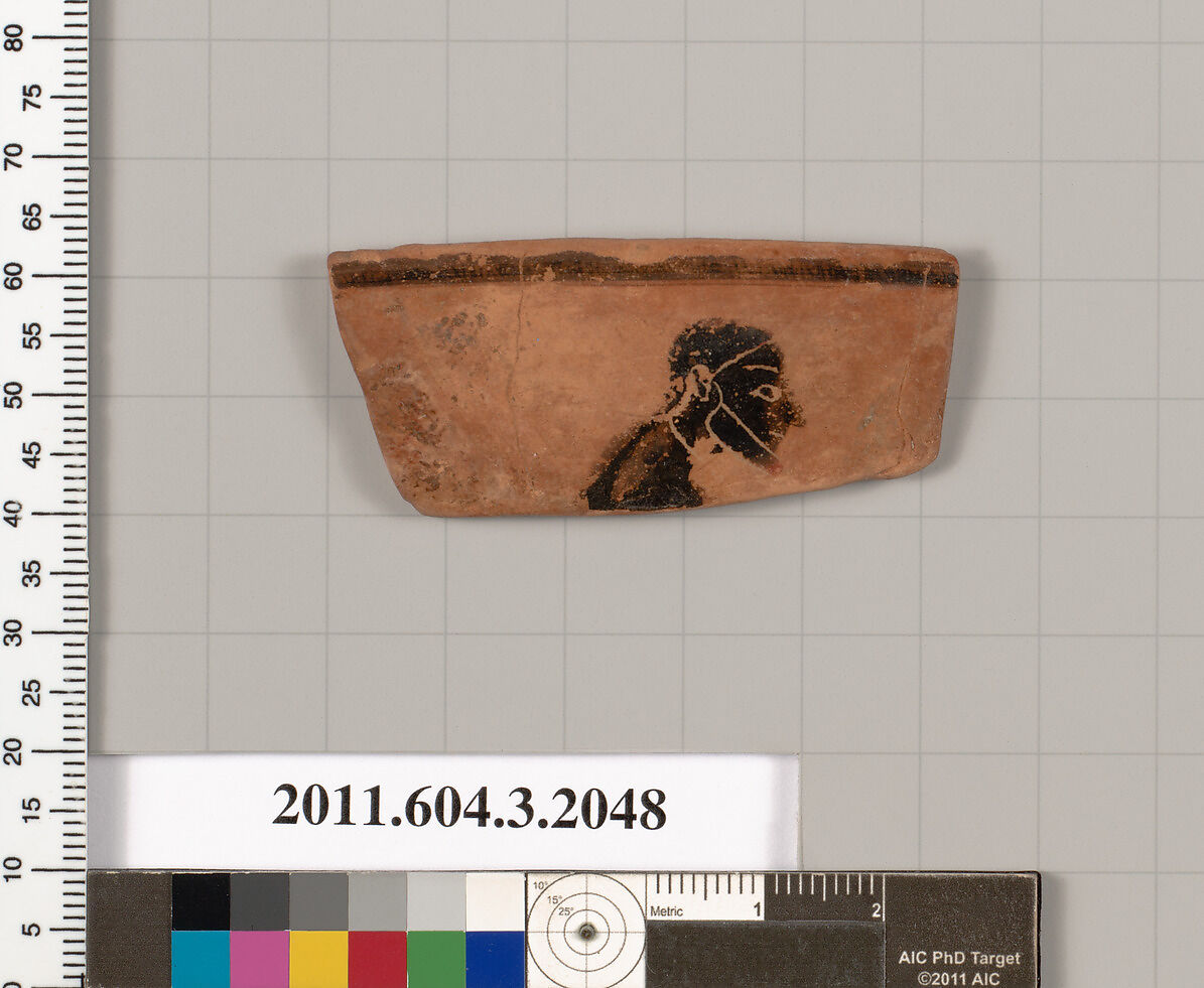 Terracotta rim fragment of a kylix (drinking cup), Terracotta, Greek, Attic 