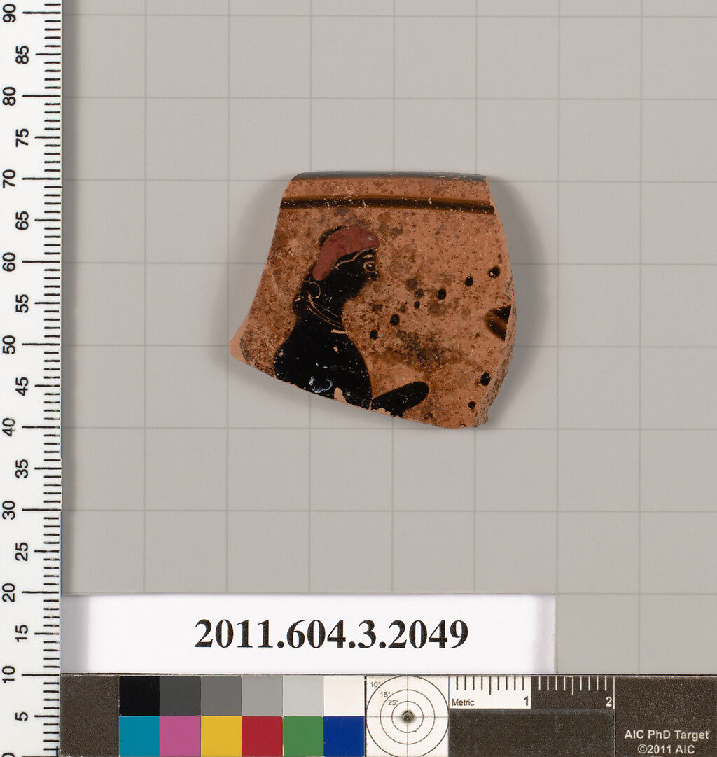 Terracotta rim fragment of a kylix (drinking cup), Terracotta, Greek, Attic 
