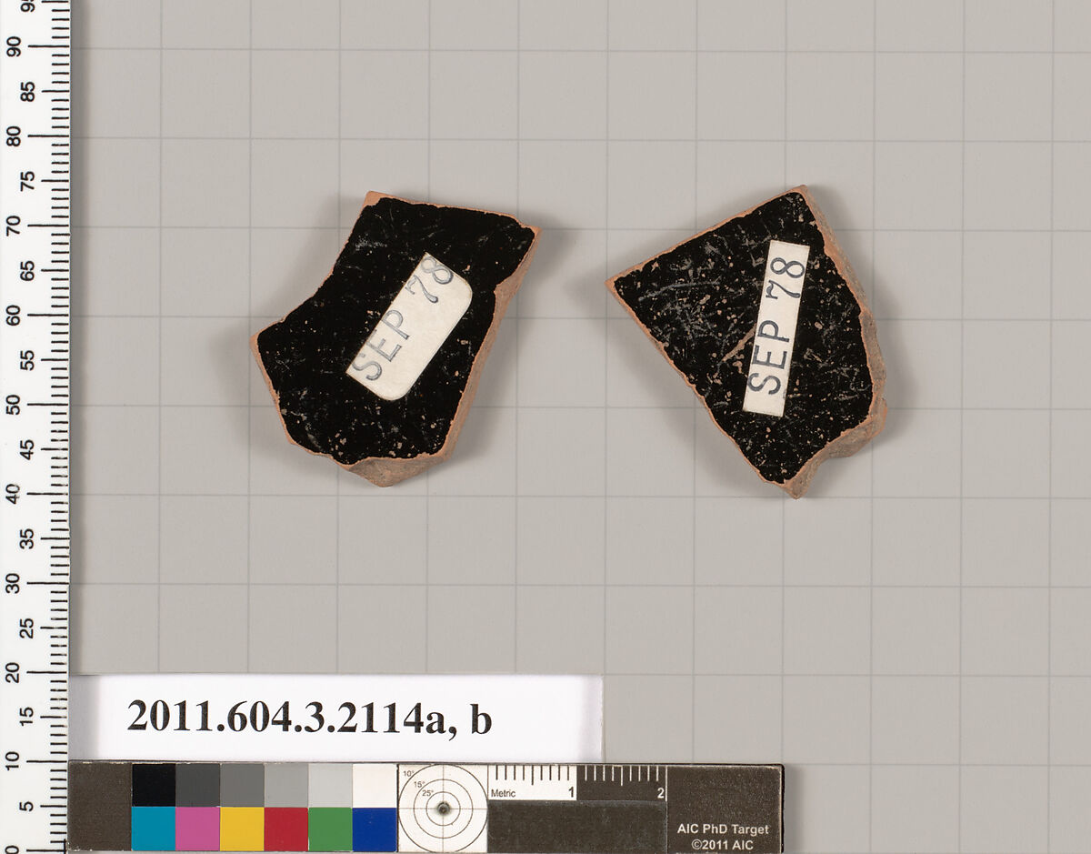 Terracotta fragments of a kylix (drinking cup), Terracotta, Greek, Attic