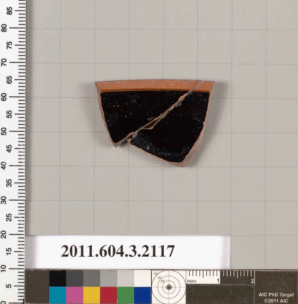 Terracotta rim fragment of a kylix (drinking cup), Terracotta, Greek, Attic