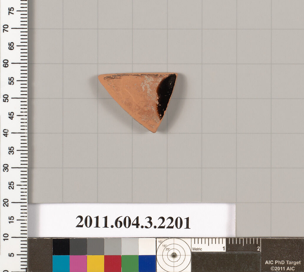 Terracotta fragment of a kylix (drinking cup), Terracotta, Greek, Attic 