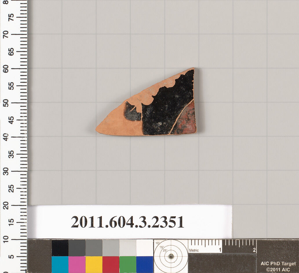 Terracotta fragment of a kylix: eye-cup (drinking cup), Terracotta, Greek, Attic 