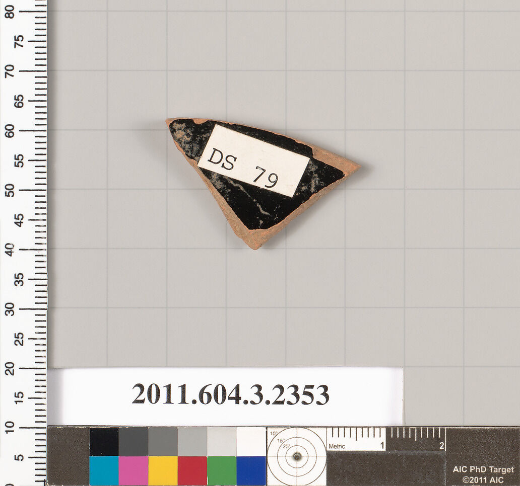 Terracotta fragment of a kylix: eye-cup (drinking cup), Terracotta, Greek, Attic