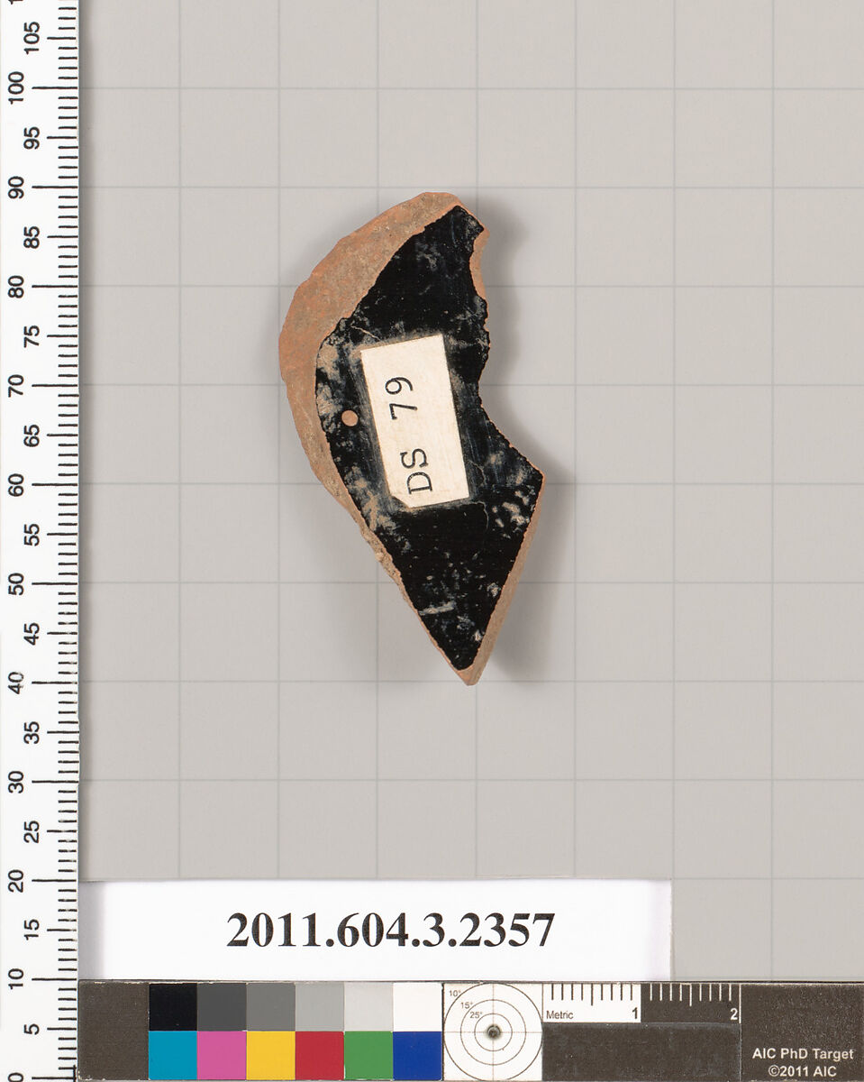 Terracotta fragment of a kylix: eye-cup (drinking cup), Terracotta, Greek, Attic