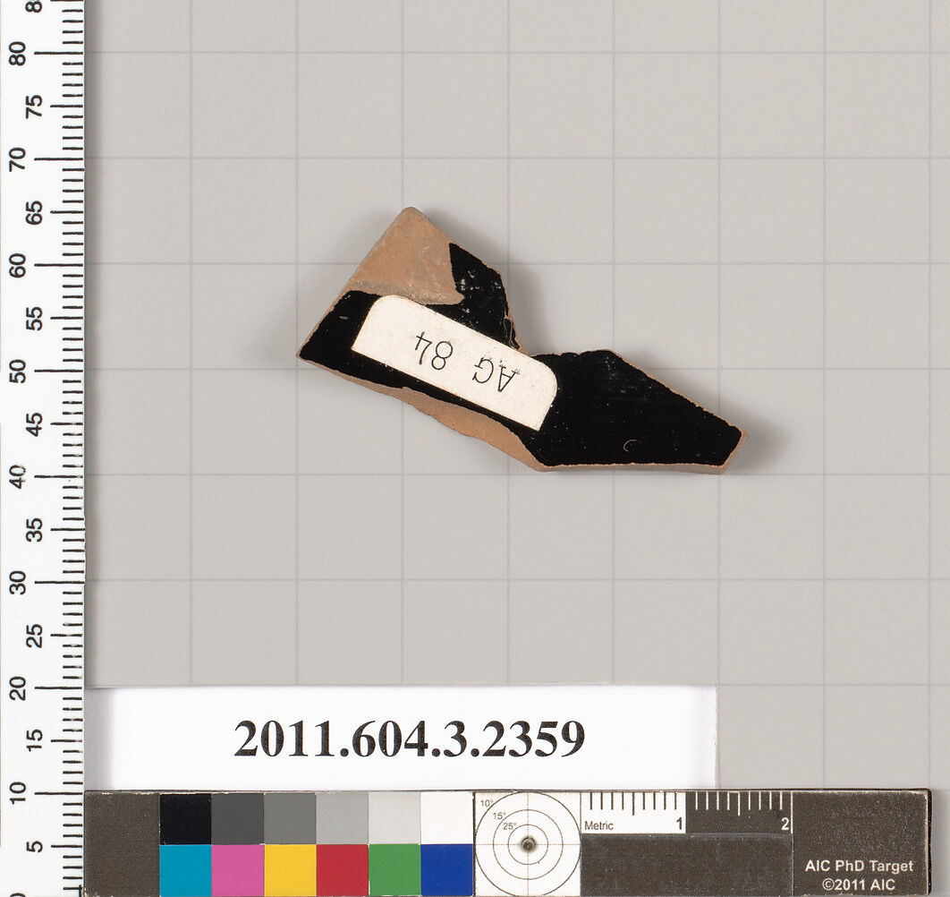 Terracotta fragment of a kylix: eye-cup (drinking cup), Terracotta, Greek, Attic