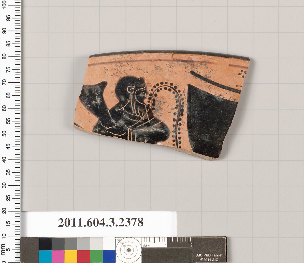 Terracotta rim fragment of a kylix: eye-cup (drinking cup), Terracotta, Greek, Attic