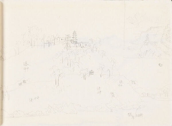 Promontory with Temple, Xie Zhiliu (Chinese, 1910–1997), Sheet from a sketchbook; pencil on paper, China 