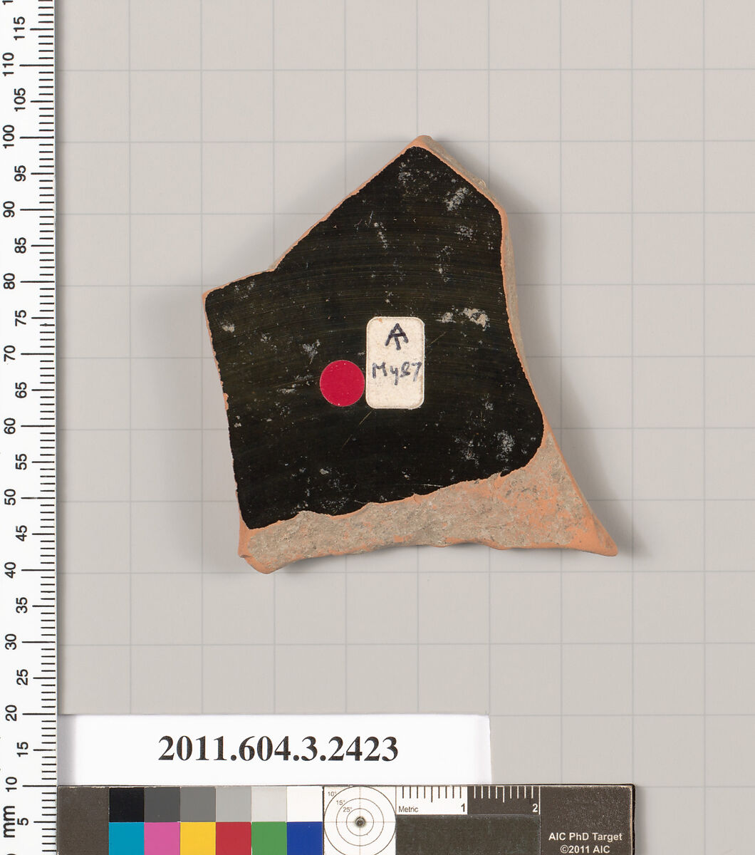 Terracotta fragment of a kylix: eye-cup (drinking cup), Terracotta, Greek, Attic