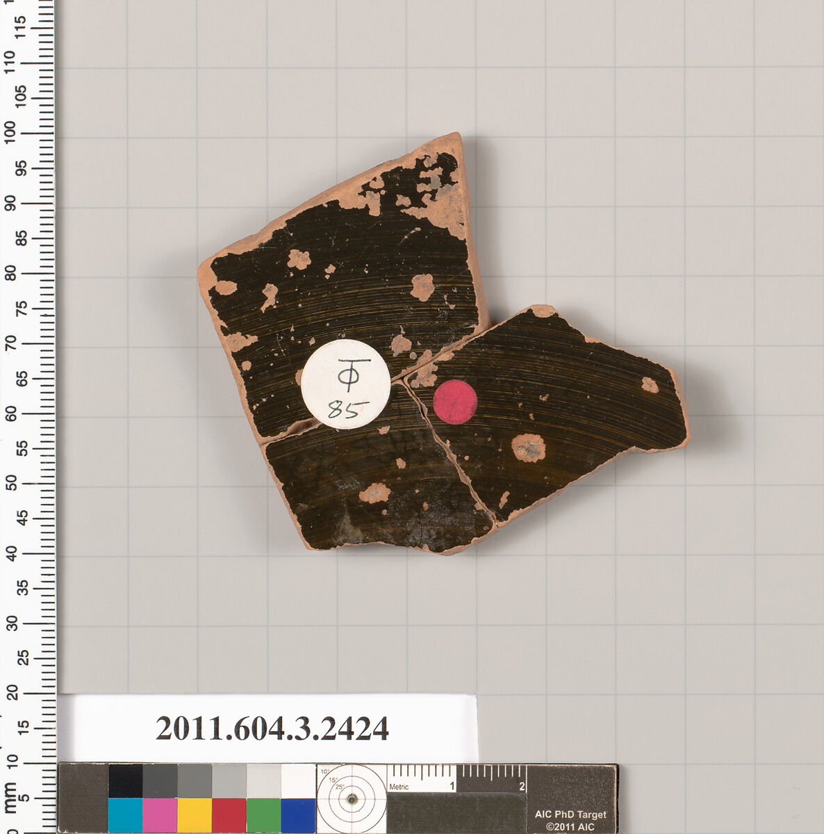 Terracotta fragment of a kylix: eye-cup (drinking cup), Terracotta, Greek, Attic