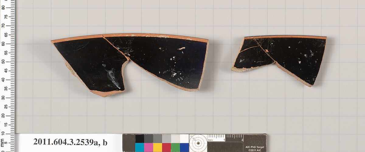 Terracotta rim fragments of a kylix (drinking cup), Terracotta, Greek, Attic