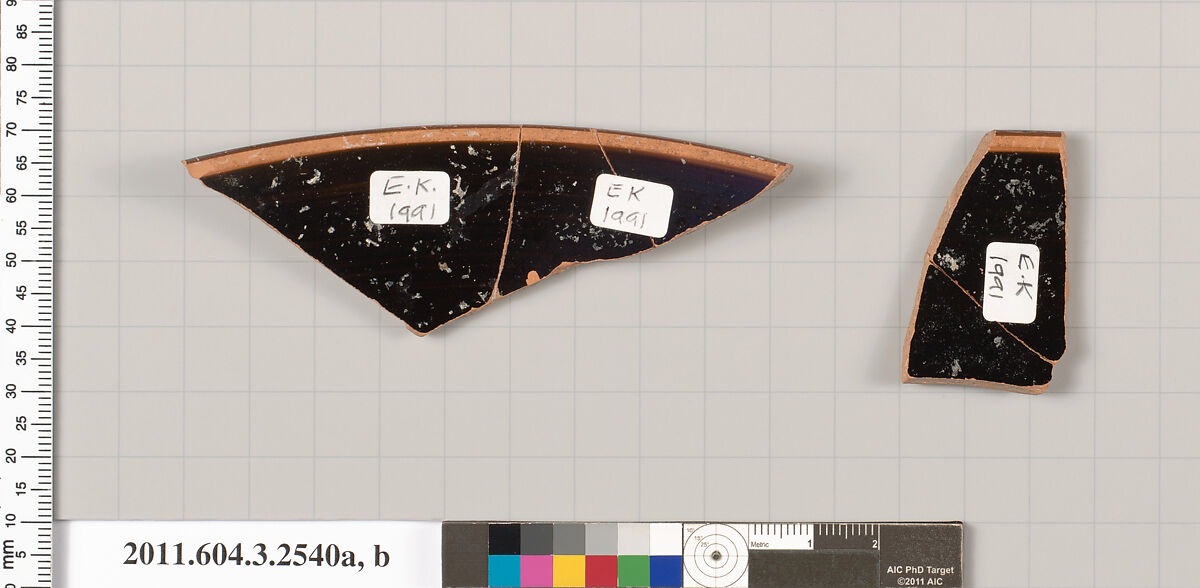 Terracotta rim fragments of a kylix (drinking cup), Terracotta, Greek, Attic